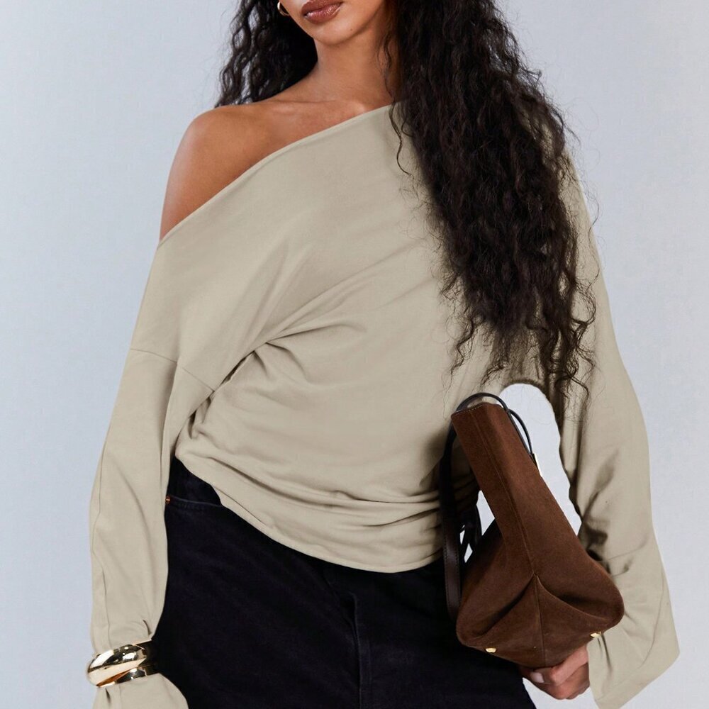 Apricot Casual Women's Asymmetric Collar Drawstring Top
